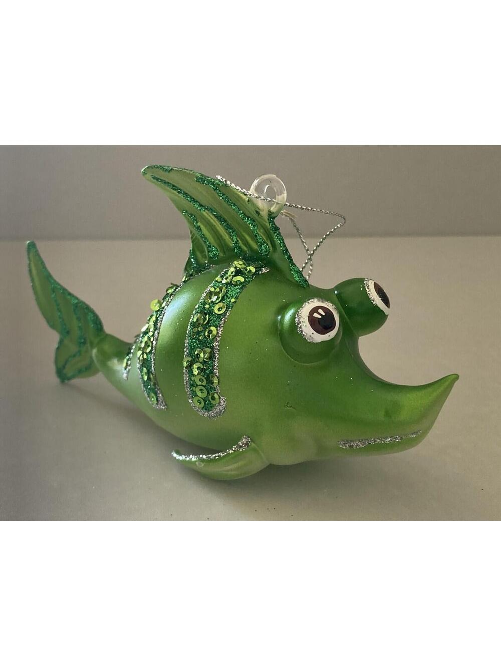 Living Quarters Glass Turquoise Green Sparkle Fish Christmas Ornament 5.25" L